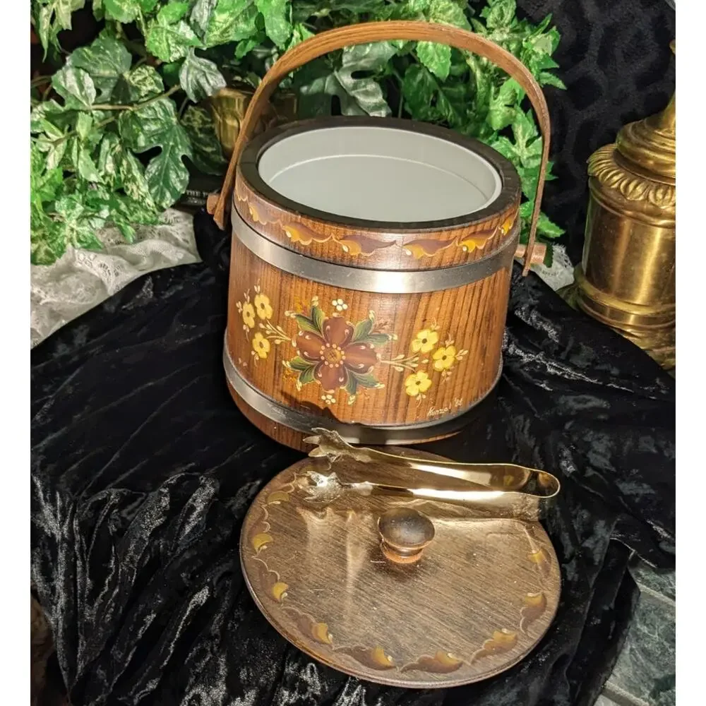 Vintage Norwegian Rosemaling Ice Bucket Hand Paint Signed Folk Art Tole Wood COA